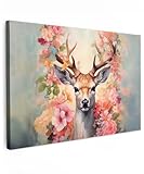 MuchoWow© Leinwand 60x40 cm Deko Schlafzimmer Aesthetic Leinwandbilder Wohnzimmer Gemälde Foto Geschenk Living Room Decoration Hirschkopf Wanddeko Hirsch Bild - Reh - Blumen - Rosa