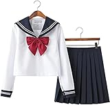 Brandneu japanische dchen Sailor Uniform Shirts JK Uniform Anime Cosplay Kostüme Set Hemd + Faltenrock + rote Fliege (S / 150-155cm, Weiß)