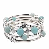 Armband Herren, Perlen Armbänder Blau Amazonit Edelstahl Natursteinwicklung Mehrschichtig Perlenarmbänder Geschenke für Männer 19cmx8mm