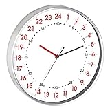 TFA Dostmann Analoge Wanduhr 24 Stunden Anzeige, 60.3069.02, mit roten Stunden- und schwarzen Minutenziffern, Aluminium Rahmen, Glas Abdeckung, weiß