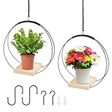 KVXXVX 2 Stück Blumenampel Hängend Innen Außen Metall Blumenampel Schwarz mit Hölzernen Basis Pflanzen Hängeampel Outdoor Hängetopf für Pflanzen