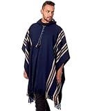 INTI ALPACA Alpaka Poncho mit Kapuze - Streifen Loden Umhang für Herren aus Alpaka Wolle- - Poncho Cape Mantel für den Winter - Navy Blau - Einheitsgröße