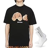 Herren und Damen-T-Shirt Palm Angel Bear kurzärmelige Männer und Frauen Paaren Lockeres Streetwear Hip-Hop Oversized (mit EIN Paar Socken) (Schwarz, L)