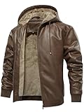 Uusollecy Winterjacke Herren Lederjacke Warm Gefüttert Kunstlederjacke Mit Kapuze, Winddicht Outdoor Motorradjacke Mit Reißverschluss, Braun XL