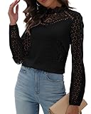 Hount Spitzenshirt Damen Elegant Tunika Casual Leichte Shirt Bluse Locker Trachtenshirt (M, Schwarz)
