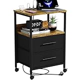 MYGIIVOVO Nachttisch mit Ladestation, Nachttisch mit Steckdosen und USB Anschlüssen, Sofa-Beistelltisch, mit Metallrahmen und Stoffschubladen, für Schlafzimmer