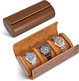 Xanewza Uhrenrolle Watch Box Travel, 3 Slots Zylindrische Uhrenbox, Uhrenrolle Reisetasche Vintage Uhrengehäuse für Kleine Uhren Uhrenetui Reisen Transportbox Uhrentasche Leder Echt Anpassbar