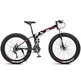 NENGGE Jugendfahrrad 26 Zoll Mountainbike Erwachsene Jungen Mädchen Fahrrad Faltbare Fette Reifen MTB mit Vollfederung, Rahmen aus Karbonstahl,Red Spoke,7 Speed