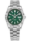 Alienwork Armbanduhr Herren Damen Silber Edelstahl Metallarmband Kalender Datum Grün Klassik Elegant
