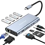 11-In-1 USB C Hub mit PD 100W, 4K HDMI, VGA, Ethernet, 1 X USB 3.0, 3 X USB 2.0, SD/TF Kartenleser, 3.5 mm Aux Ports für iPhone 16/15, MacBook, iPad, Samsung, Mac, Surface, Dell, Laptop, PS4, TV