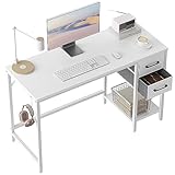 CubiCubi Schreibtisch mit 2 Schubladen und Kopfhörerhaken, 100×50×75cm Kleiner Computertisch, Bürotisch, für Arbeitszimmer, Schlafzimmer, Metallgestell, Weiß