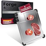 FORGE & EDGE Schneidebrett Edelstahl - Premium cutting board mit integriertem Messerschärfer, Saftrille & rutschfesten Silikonecken - hygienisches Schneidebrett - 38x28cm