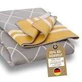 RIEMA® kuschelige Baumwolldecke Lene aus 100% Bio-Baumwolle - Sofadecke für alle 4 Jahreszeiten Made in Germany - nachhaltige Wolldecke 150x200 cm - Oeko-TEX zertifizierte Kuscheldecke grau / gelb