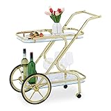 Relaxdays Servierwagen, 2 Etagen, Küchenwagen mit Rädern & Rollen, Glas & Eisen, HBT: 80 x 43 x 85 cm, Barwagen, Messing