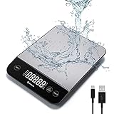 ETEKCITY Küchenwaage digital, Waage Küchenwaage 10KG mit Lebensmittelechtem Edelstahl, USB-Aufladung, wasserdichte Digitalwaage mit LED-Display, hohe Präzision auf bis zu 1g, Tara-Funktion, Silber