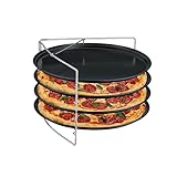 Relaxdays Pizzablech, 4er Set, mit Gestell, antihaftbeschichtet, Carbonstahl, rundes Pizzabackblech, anthrazit/Silber