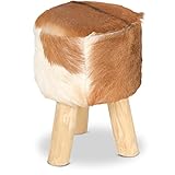livasia Ziegenfellhocker mit Teakholz, Sitzhocker, Beistellhocker (Ziegenfell - Braun - Weiß)