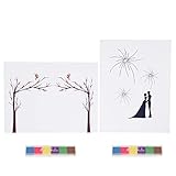 Jenngaoo 2 Pack Fingerabdruck Malerei, Hochzeitsgast Anmelden Unterschrift Buch Leinwand Ballons Baum Fingerabdruck Malerei Dekor für Hochzeitsfeier, 30 x 40 cm (Baum + Feuerwerks)