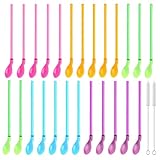 25 Stück Slush Ice Strohhalm mit Löffel, 2-in-1 Trinkhalme mit 2 Strohhalm Bürste, Wiederverwendbarer Löffelstrohhalme, Slush Strohhalme, Löffelhalme Trinklöffel Plastik für Slushy Smoothie Milchshake