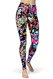 sissycos 80er Leggings Damen Bunt Print Leggings Oil Painting Graffiti Yoga Strumpfhosen Sporthose Leggins Lang, Schwarze Graffiti, L/XXL (Taille 76cm-96cm)