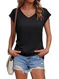 Suncife Damen-T-Shirt, Sommer, lockere Passform, Flügelärmel, V-Ausschnitt, T-Shirt, Schwarz, L