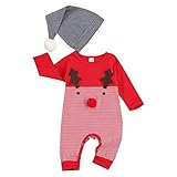 FYMNSI Baby Weihnachtsoutfit Neugeborene Mädchen Jungen Rentier Strampler Body Langarm Spielanzug Gestreift Bodysuit Playsuit Overall mit Hut 2tlg Weihnachten Party Bekleidungsset Rot 3-6 Monate