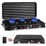 Inoamity Campingkocher 3-Flammig – 5400W Tragbarer Gaskocher mit Piezoelektrische Zündungskonstruktion, Ideal für Outdoor, Camping, Grillen & Familienausflüge – LPG-Gaskocher (Schwarz)