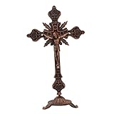 MagiDeal Stehendes Kruzifix, Tischkreuz, Metall, klein, 25,4 cm, Jesus am Kreuz, Statue, Kruzifix mit Ständer, Jesus-Kruzifix für Kapelle, Schreibtisch, Regal, Antik Rot