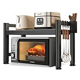 YSWOVUO Verstellbares Mikrowellen Regal, 2-Stufig Erweiterbares Küchenregal Arbeitsplatte, Regal Küche Arbeitsplatte Kohlenstoffstahl, Mikrowelle mit 8 Haken, 1 Küchenutensilienhalter, Schwarz