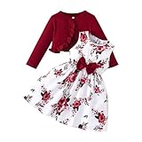 Mädchen Kleid 2-teiliges Ärmellos Blumenmkleid mit Langarm Strickjacke Kinder Baumwolle Kleidanzug Bowknot A-Linie Kleider Elegant Sommerkleid Teenager Swing Lässig Mädchenkleid (Red, A)