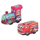 Gatuida 2 Stück Vintage Blechspielzeug Aufziehspielzeug mit mechanischem Antrieb Antikes Zug Feuerwehrfahrzeug im Retro-Design Buntes Wind-up für Sammler