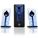 GOgroove Gaming Stereo Satelliten Lautsprecher Sound System mit kraftvollem Subwoofer und blau leuchtenden LED Lichtern , BassPULSE 2.1