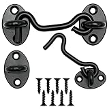 2 StüCk Sturmhaken mit öSe, Kabinenhaken Edelstahl, TüRhaken Schwarz Fensterhaken, Sturmhaken für SchwingtüR Holz, FensterläDen Holz, Scheunentor Gartentor Riegel mit 8 Stück Montage Schrauben (7.5CM)