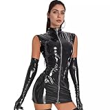 PARUPRUP Damen Sexy Leder Reißverschluss Minikleid Wet Look Babydoll Ärmellos Figurbetont Nachthemd PU (DE/NL/SE/PL, Alphanumerisch, L, Regular, Regular, Schwarz)