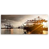 ge Bildet Bild auf Leinwand | Hamburger Hafen in 100x40 cm als Panorama Wandbild | Wand-deko Dekoration Wohnung modern Bilder | 1247