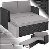 tectake® Sofa Set - 2 Sitzer Sessel mit Hocker und Schlaffunktion, kleine Rattan Couch als Outdoor Gartenmöbel, wetterfest für Lounge, Balkon und Garten, klappbar mit imprägnierten Polstern - Schwarz