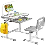 DREAMADE Kinderschreibtisch höhenverstellbar, Schülerschreibtisch neigungsverstellbar, Jugendschreibtisch mit LED-Lampe und Bücherständer, Schreibtisch Set für Kinder mit Stuhl und Schublade (Grau)
