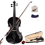 LEADZM 4/4 Violin Set Full Size, Geige mit Etui, Bogensehne, Kolophonium, Gefederte Schulterstütze, Massivholzgeige für Anfänger (Schwarz)