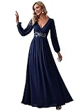 Ever-Pretty Damen Stilvolle Chiffon V-Ausschnitt Applique Plus Size Abendkleider mit Langen Laternenärmeln Navy Blau 54