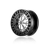 BlackAmazement 316L Edelstahl Flesh Ohr Tunnel Plug Piercing Vegvisir Aegishjalmur Aegishjalmr Wikinger Symbol Schreckenshelm Runen Kreis schwarz silber Biker Herren (Farbe Schwarz - Ø 16mm - 1 Stück)