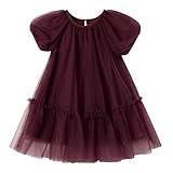 Ugitopi Mädchen Tüllkleid mit Baumwoll-Futter – Elegantes A-Line Partykleid mit Puffärmeln, Mehrlagigem Schichtenrock (Burgundy,90)