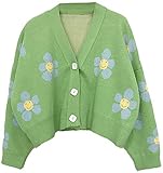 Damen-Strickjacke, Strickpullover, Cardigan, Blumenmuster, V-Ausschnitt, langärmelig, Mädchen, süßer Vintage-Stil, lässiger Stil, Y2k, Farbe: Grün, Größe: F)