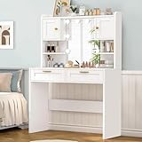 FIONESO schminktisch mit Beleuchtung,Einstellbarer Helligkeit,Frisiertisch mit HD Spiegel und 2 Schubladen,Kosmetiktisch mit 2 Schränken und 2 offene Ablagen, Moderner Kommode, Schlafzimmer, weiß