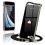 Wirvyuer Handykette Kompatibel mit iPhone SE 2022 Hülle, iPhone 7,iPhone 8,iPhone SE2020 Handyhülle mit Band zum Umhängen Liebesherz Silikon Schutzhülle für iPhone 7/8/SE2020/SE2022 Schwarz