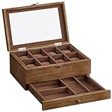 SONGMICS Uhrenbox mit 8 Fächern, Uhrenkasten aus Massivholz, mit Glasdeckel, Uhrenkissen, Schmuckaufbewahrung, Geschenk für Ihre Liebsten, walnussfarben JOW008K01