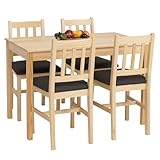 Mendler Esszimmer-Set HWC-F77, Sitzgruppe Esszimmergruppe, Massiv-Holz Kiefer Stoff Landhaus 110cm - Natur Polster schwarz