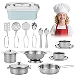 17 Stück Kinderküche Zubehör, Edelstahl Küchen Zubehörfür Kinder,Holz Küchenspielzeug Spielküche Zubehör Set,für Jungen und Mädchen Kinder