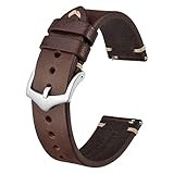 BISONSTRAP Uhrenarmband für Herren, Handgefertigte Stiche Leder Armband, Schnellverschluss, 20mm, Kaffeebraun mit Silberner Schnalle