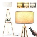 YICAIZI Dreibein Stehlampe Wohnzimmer mit Regal - 12W Holz LED Dimmbar Stehende Lampe mit Fernbedienung & E27 Lampe, Stehend Leselampe mit 3 Farbtemperaturen für Schlafzimmer, Büro (Holz)
