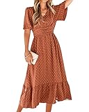 BebreezChic Sommerkleid Damen Lang Boho Elegant Kurzarm V-Ausschnitt Hohe Taille Swiss Dot Gerafft Blumen Strandkleid Maxikleid, Karamell L